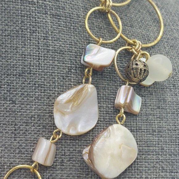 Necklace Gold Toned Ring Links Mother of Pearl Brass Beads Earth Tones Shell Lon - Picture 5 of 7